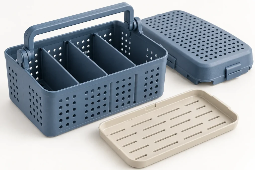 Perforated PP caddy with divider bays cover handle and removable drip tray
