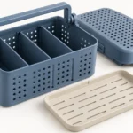 Perforated PP caddy with divider bays cover handle and removable drip tray