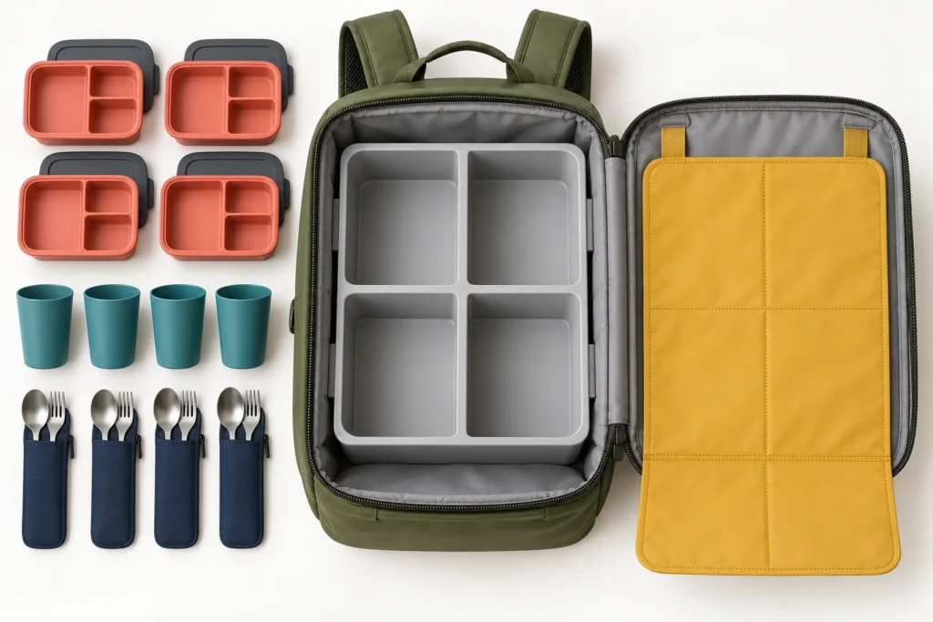 Open field trip backpack with four-slot insert and fold-out counting mat