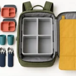 Open field trip backpack with four-slot insert and fold-out counting mat