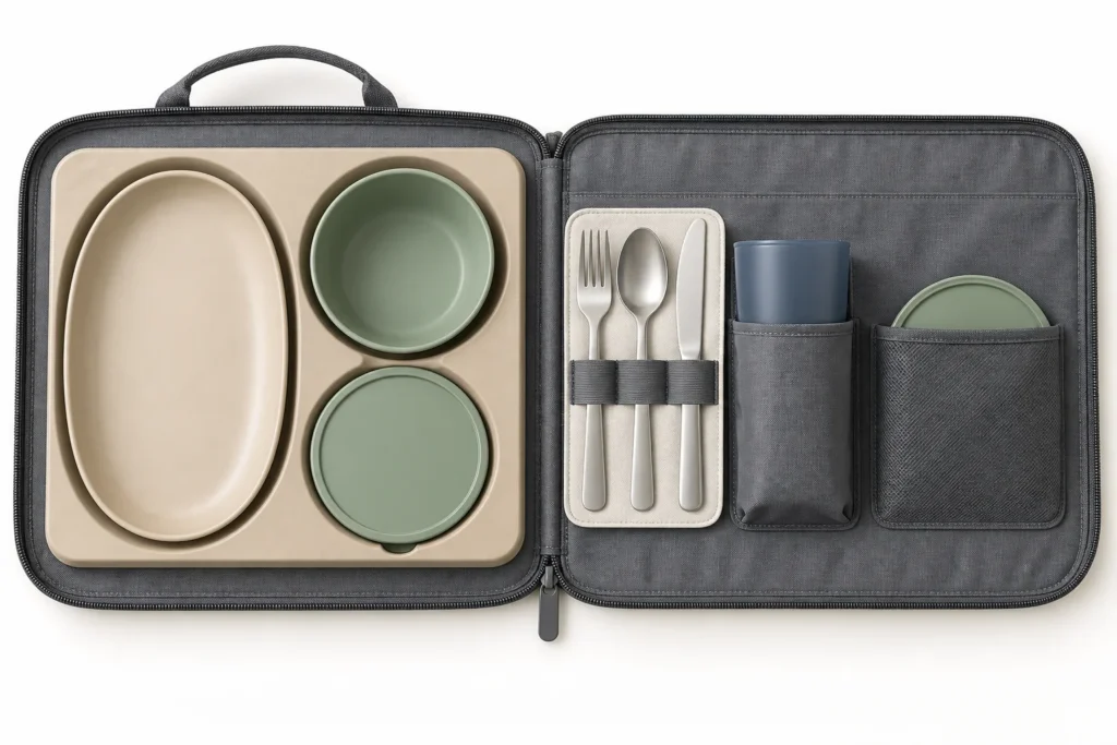 Open folio with removable cradle utensil loops tumbler pocket and lid pocket