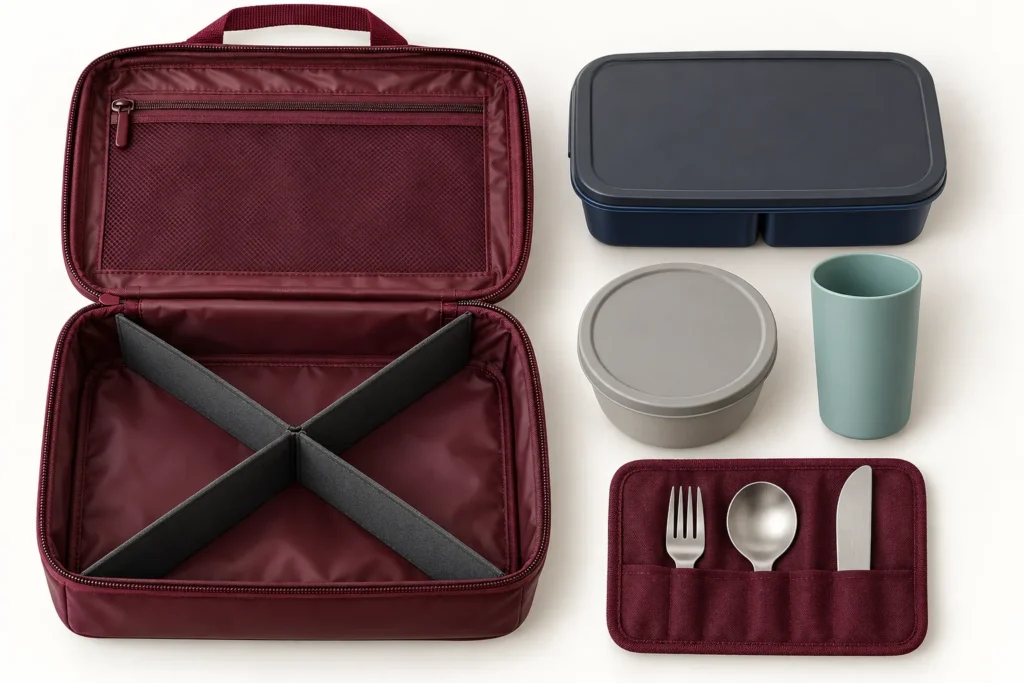 Open burgundy crew dining kit packing cube with graphite divider and fitted components