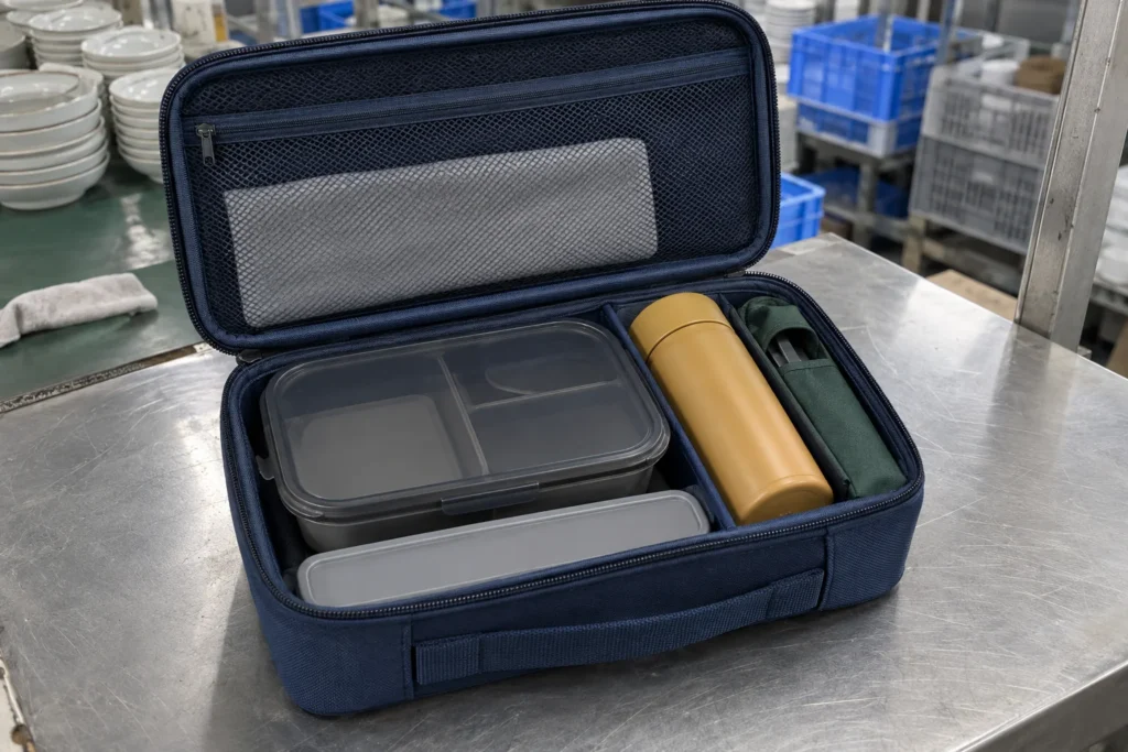Open navy carry case showing the lunch box tumbler sleeve and removable insert