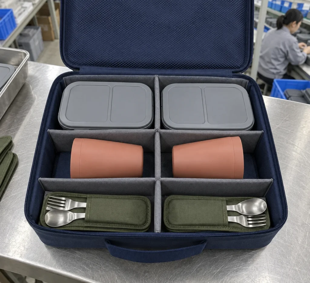 Open case layout for two boxes two tumblers and two utensil sleeves — AI-generated conceptual illustration
