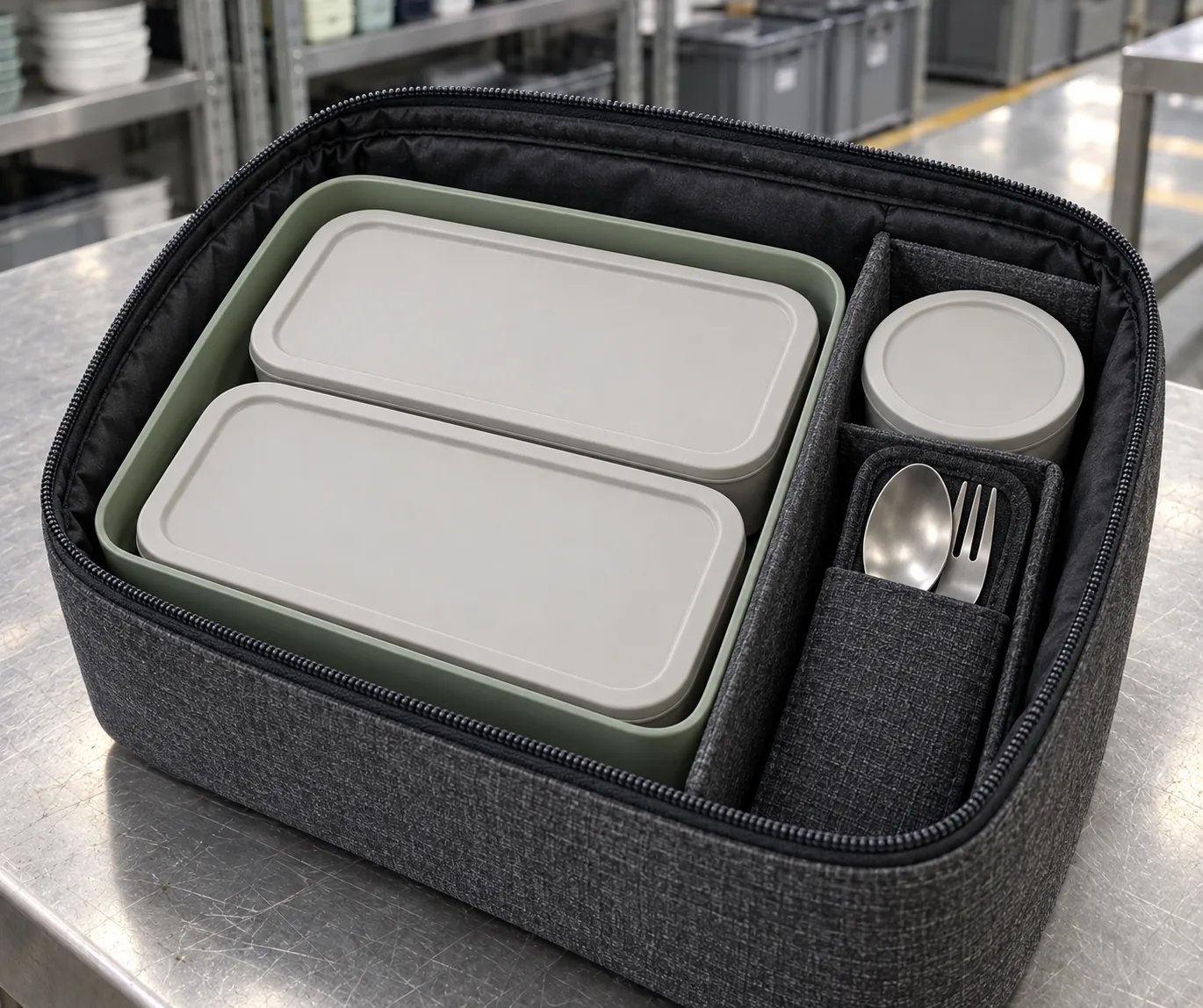 Open divider carry case with modular lunch box trays and utensils
