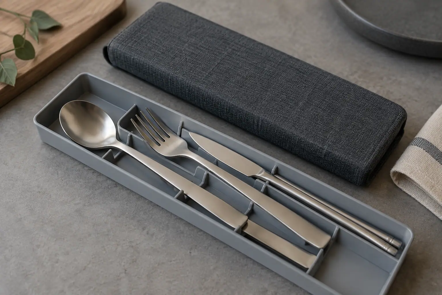 Open cutlery sleeve and organized tray interior