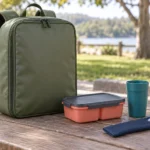 Closed olive backpack beside one coral tray teal tumbler and cutlery sleeve