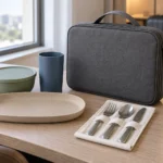 Closed graphite travel dining folio with one complete place setting