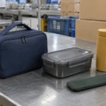 Closed navy factory meal kit carry case beside the lunch box tumbler and sleeve