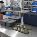Closed navy sample case beside portable tableware components — AI-generated conceptual illustration