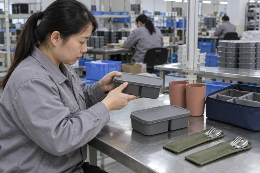 Chinese factory quality worker reviewing lid fit of divided lunch boxes — AI-generated conceptual illustration