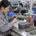 Chinese factory quality worker reviewing lid fit of divided lunch boxes — AI-generated conceptual illustration