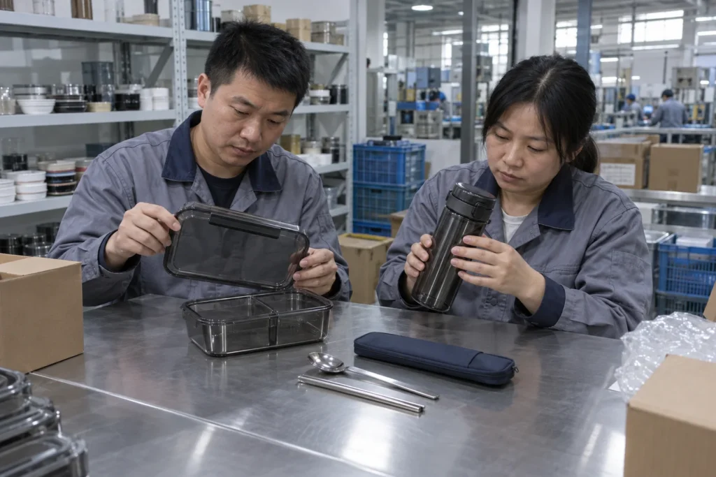 Chinese manufacturing staff inspecting the reusable meal kit components