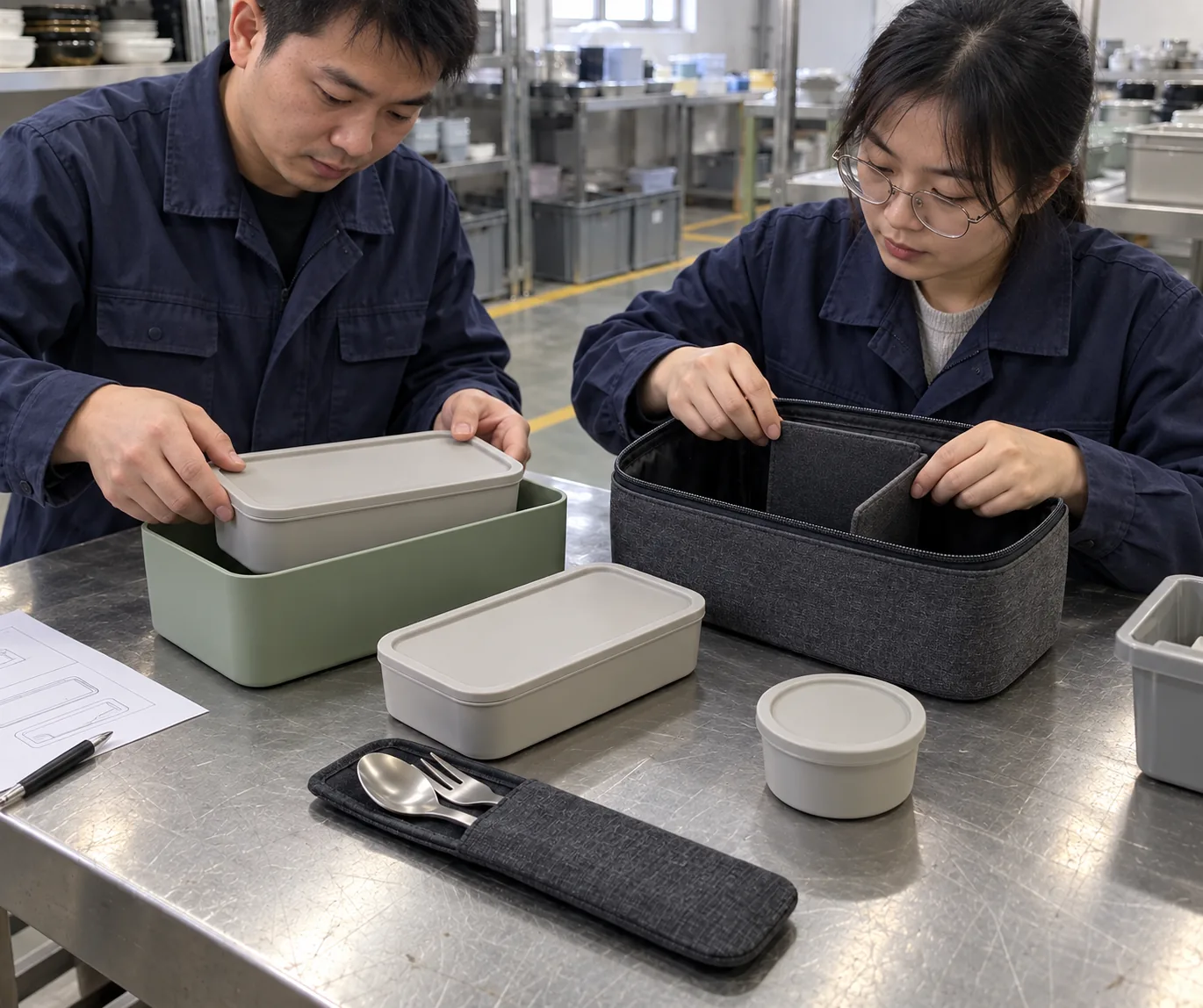 Chinese factory engineer reviewing modular bento set samples