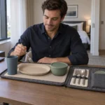 Traveler using fold-out dining folio in an extended-stay apartment