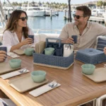 Four passengers using reusable tableware on a docked day-charter boat