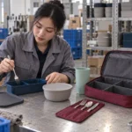Crew member using reusable dining kit in layover accommodation