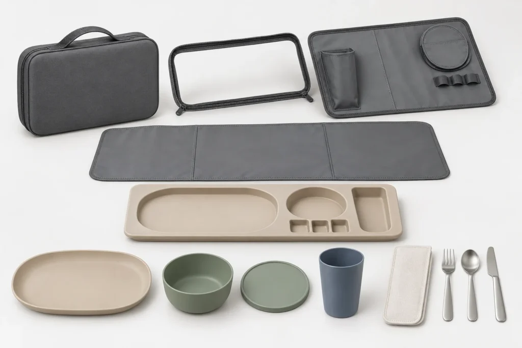 Exploded travel folio shell cradle placemat and tableware components