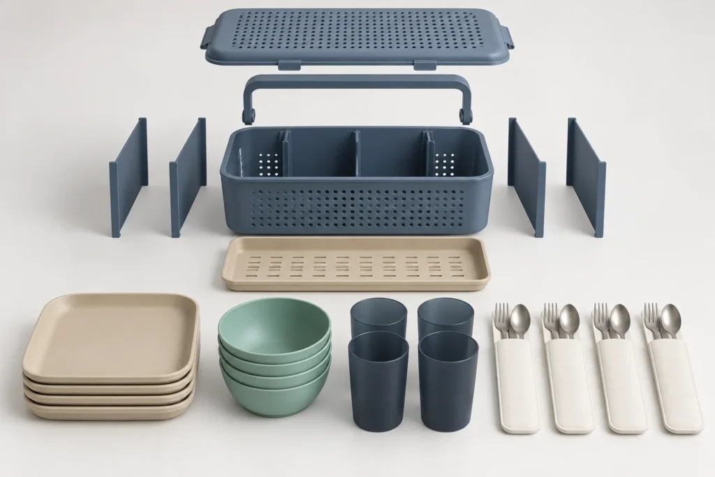 Exploded view of caddy tray dividers cover and four place settings