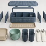 Exploded view of caddy tray dividers cover and four place settings