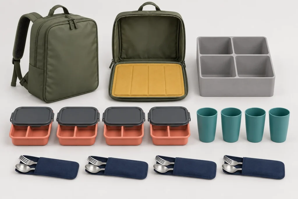 Exploded backpack insert mat and four reusable place settings