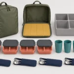 Exploded backpack insert mat and four reusable place settings