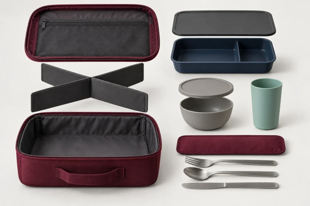 Exploded view of packing cube divider and reusable tableware components