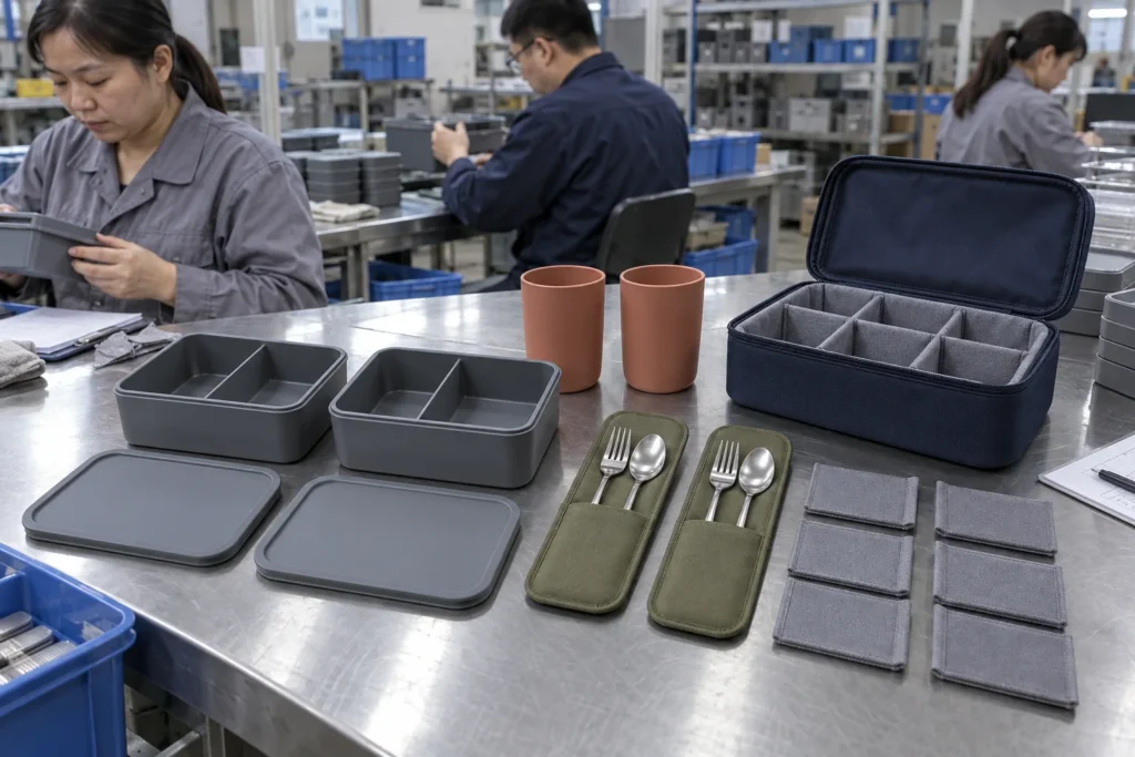 Separated portable tableware components and removable case dividers — AI-generated conceptual illustration