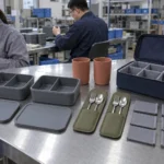 Separated portable tableware components and removable case dividers — AI-generated conceptual illustration