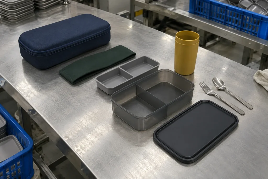 Meal kit lunch box lid insert tumbler utensils sleeve and carry case separated for review