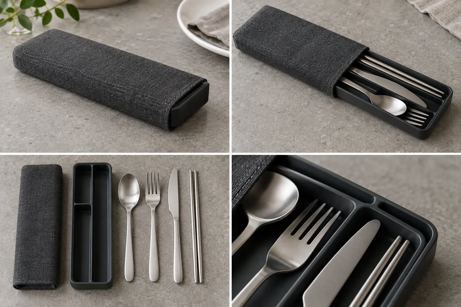 Partitioned cutlery kit tray channels and utensil configuration