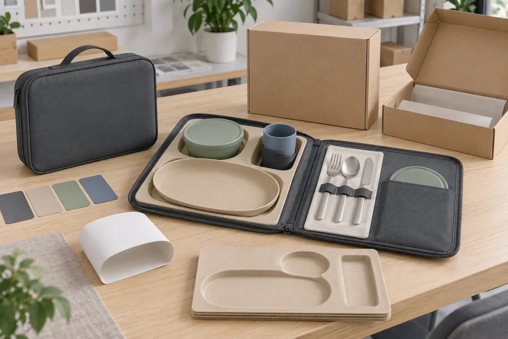 Unbranded travel dining kit with color swatches and recyclable cartons