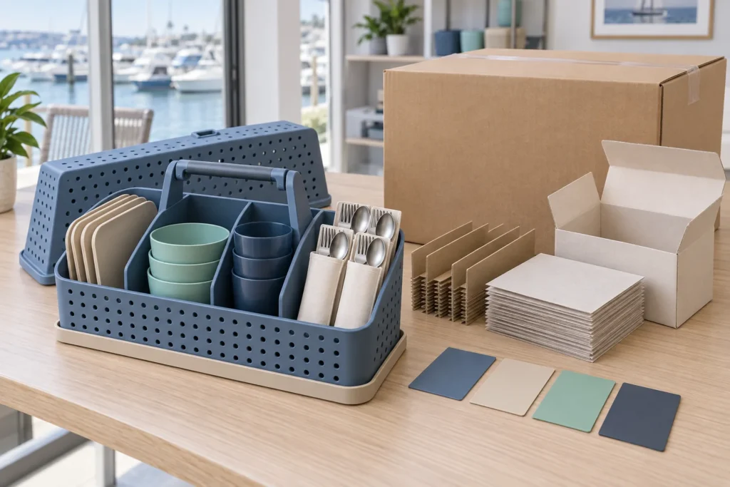 Unbranded marina kit with color swatches and recyclable cartons