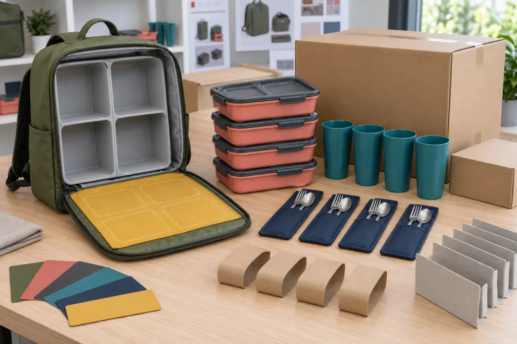 Unbranded field trip dining kit with blank color swatches and cartons