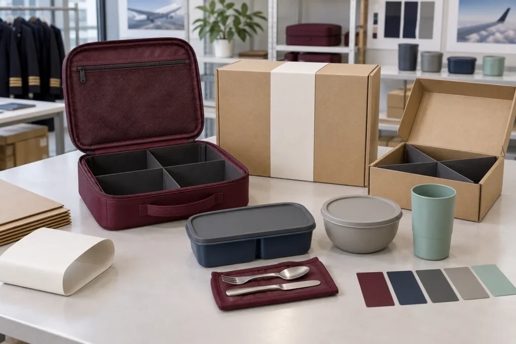 Unbranded crew dining kit with color swatches and recyclable packaging