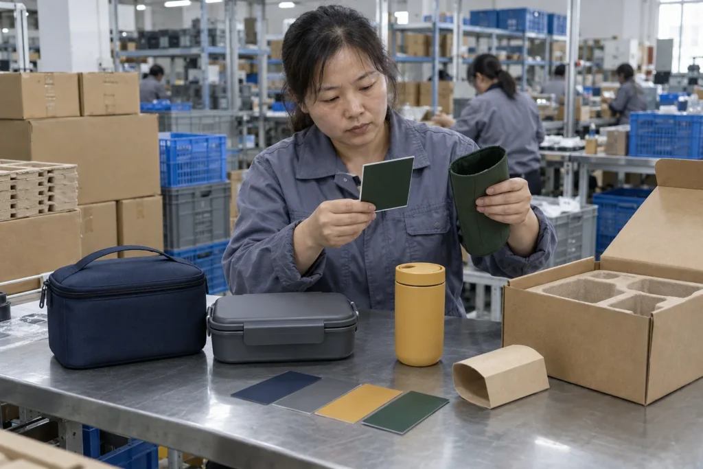Chinese quality inspector reviewing blank color and packaging options for the meal kit