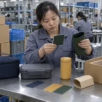 Chinese quality inspector reviewing blank color and packaging options for the meal kit