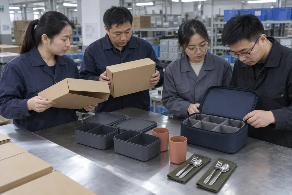 Chinese manufacturing team considering blank packaging and modular tableware case — AI-generated conceptual illustration