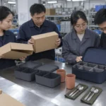 Chinese manufacturing team considering blank packaging and modular tableware case — AI-generated conceptual illustration