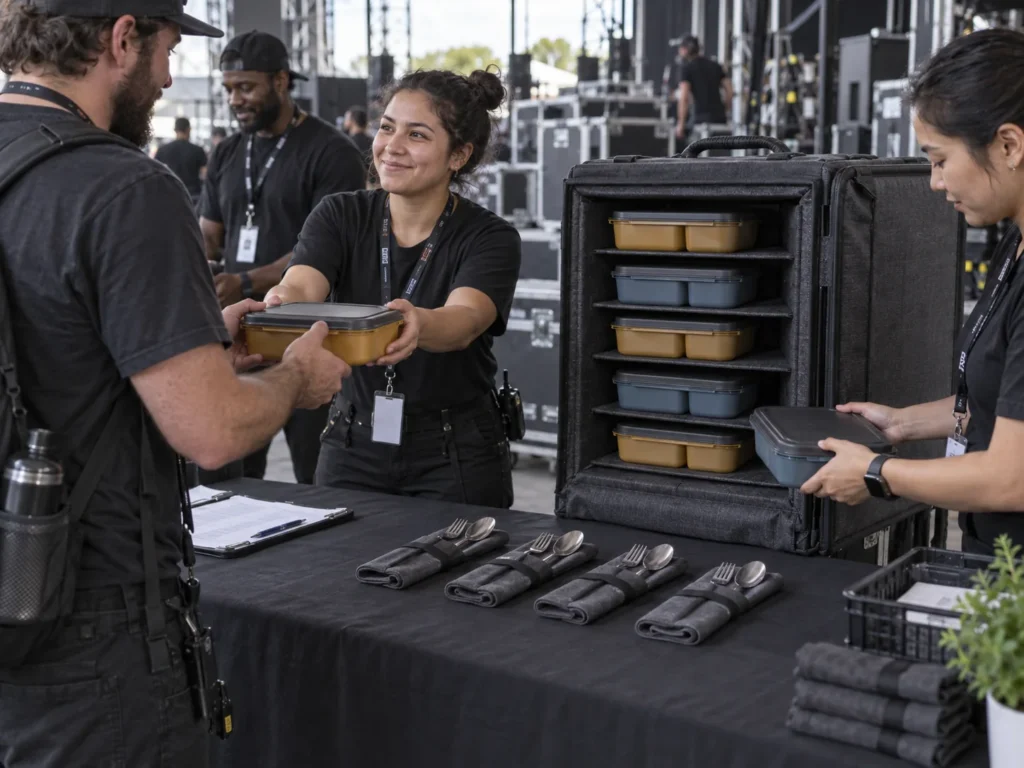 Event staff distributing meal boxes from an insulated shelf carrier
