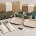 Campervan dining kit with blank kraft packaging and label samples