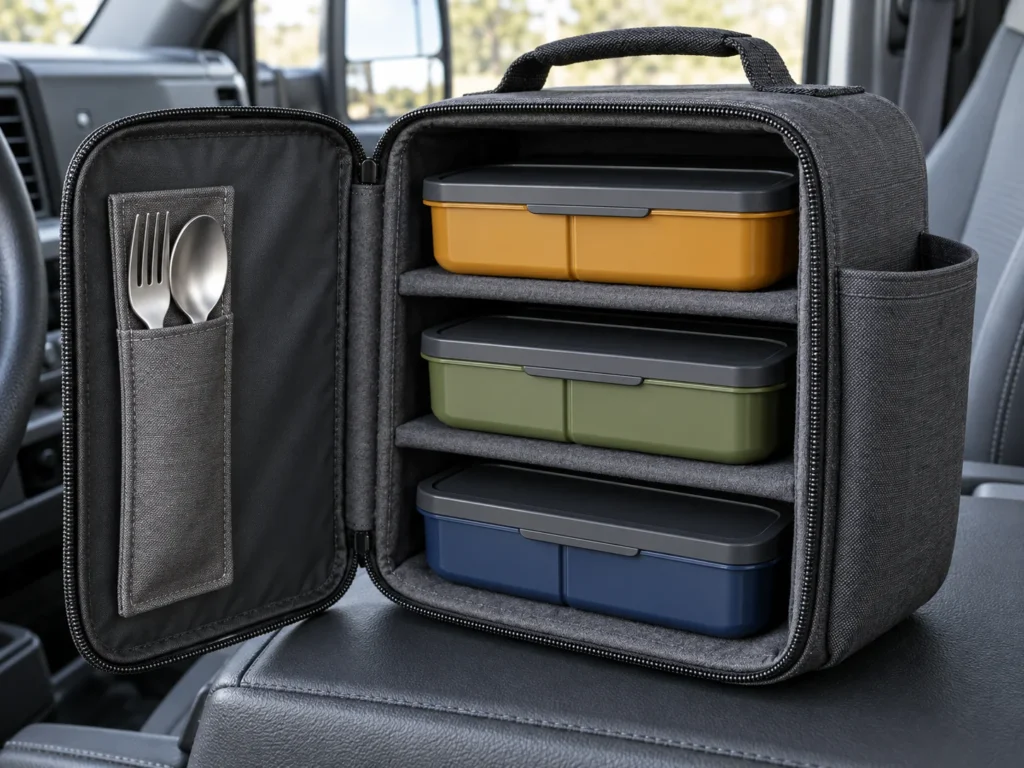 Amber olive and navy driver bento boxes secured in a three shelf graphite case