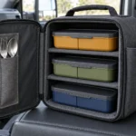 Amber olive and navy driver bento boxes secured in a three shelf graphite case
