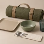 Closed olive roll organizer beside one campervan dining place setting