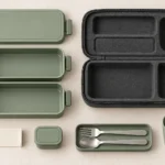 Top down view of modular office lunch set components and fitted carry case