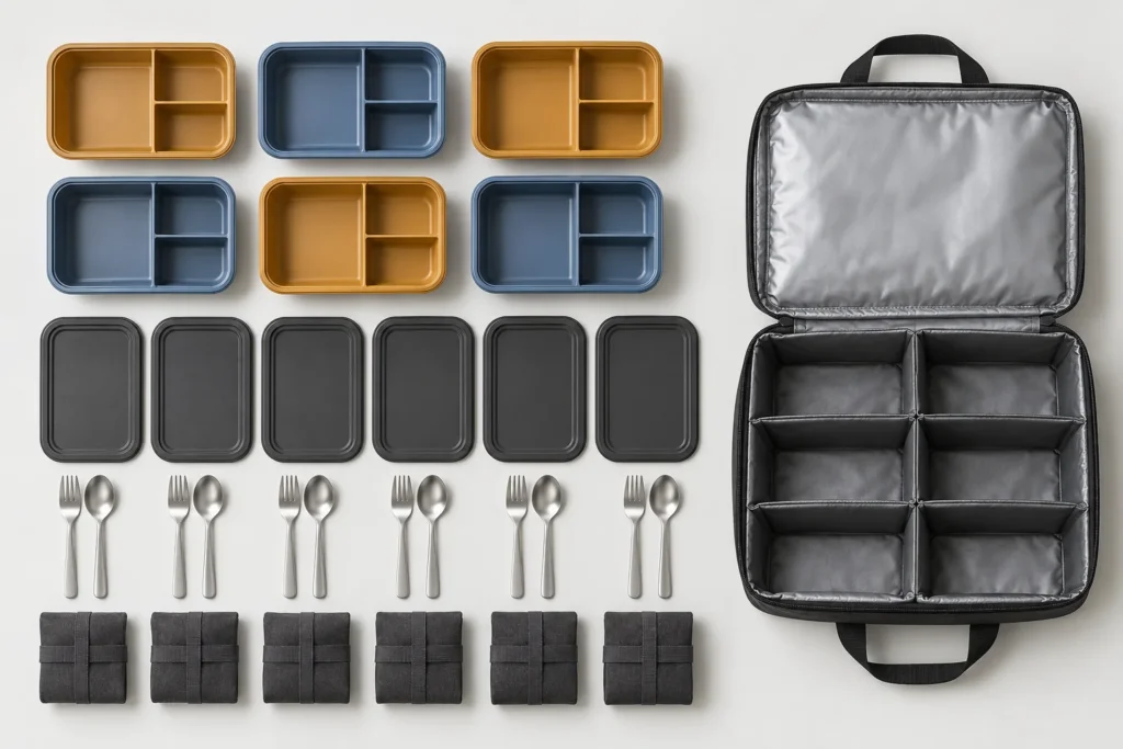Six divided meal boxes lids cutlery sleeves and insulated carrier arranged for review