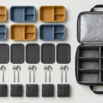 Six divided meal boxes lids cutlery sleeves and insulated carrier arranged for review