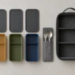 Three divided PP bento boxes charcoal lids stainless cutlery sleeve and cab case