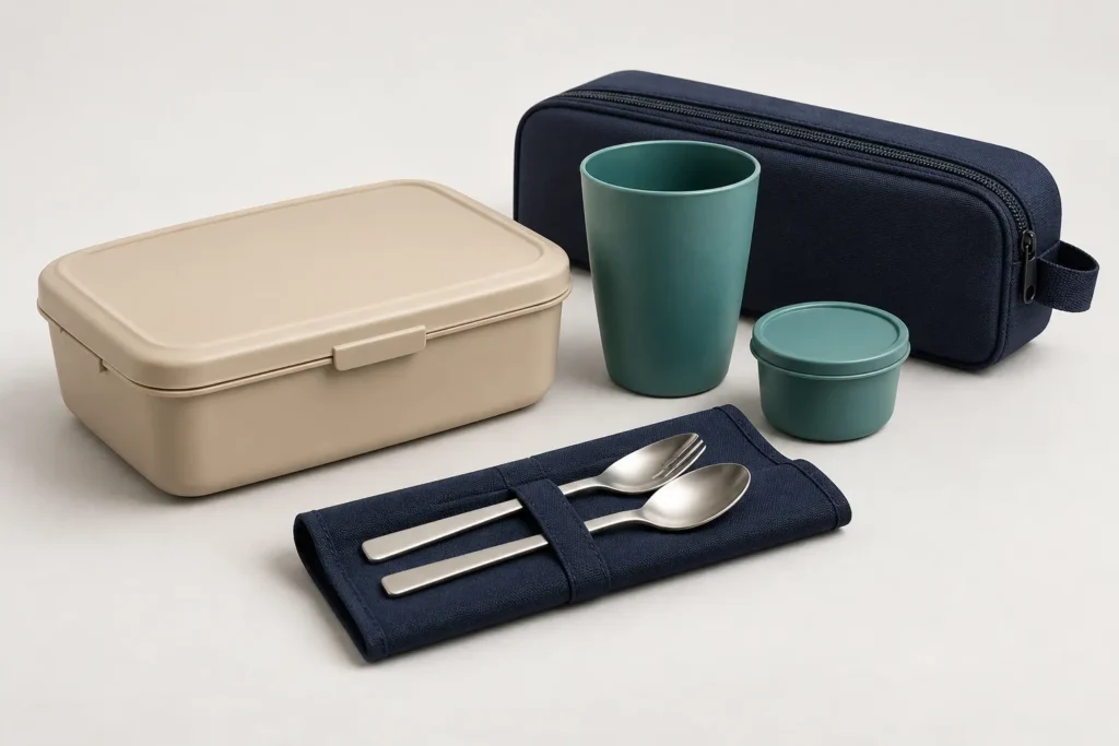 Compact rail meal service set with sand beige tray teal accessories and navy case