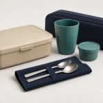 Compact rail meal service set with sand beige tray teal accessories and navy case